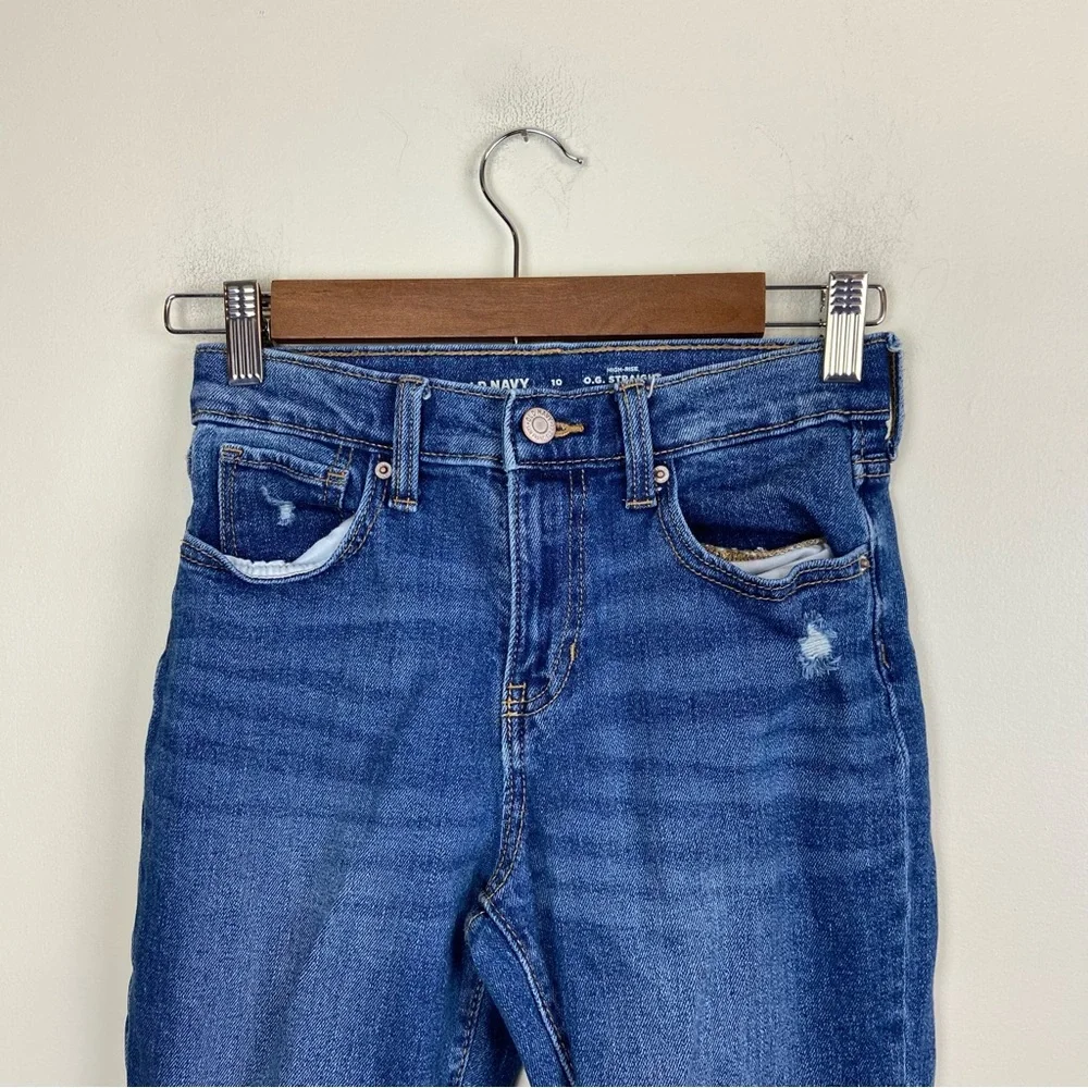Old Navy O.G Straight Distressed High Rise Denim Jeans Raw Hem Girls 10‎